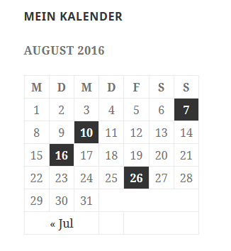 Widget Kalender auf der Webseite