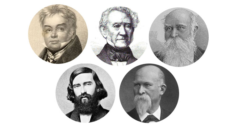 oben von links nach rechts: Johann Nepomuk Rust , Johann Christian Jüngken , Heinrich Adolf von Bardeleben - unten von links nach rechts: Albrecht von Graefe und Franz König