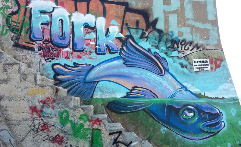 Slowenien - Fisch Graffiti am letzten Ende der Promenade in Piran