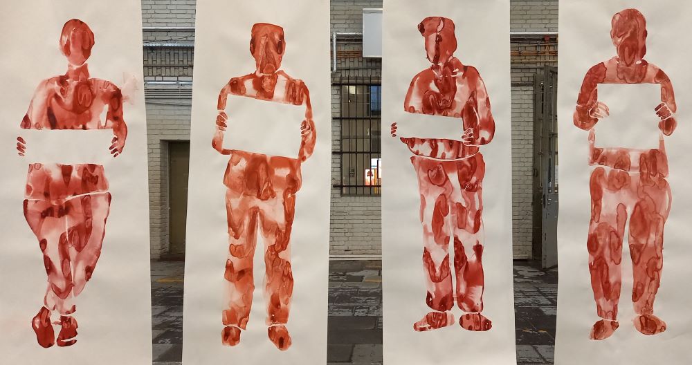 Streikposten - rote Aquarelle der russischen Künstlerin Ekaterina Muromtseva 