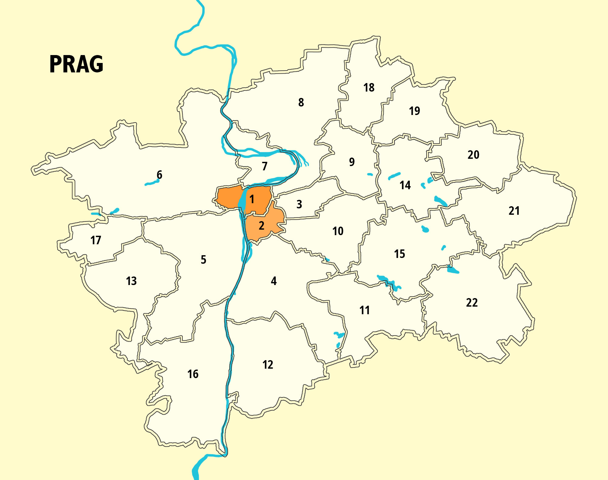 Übersichtkarte der 22 Verwaltungsbezirke von Prag