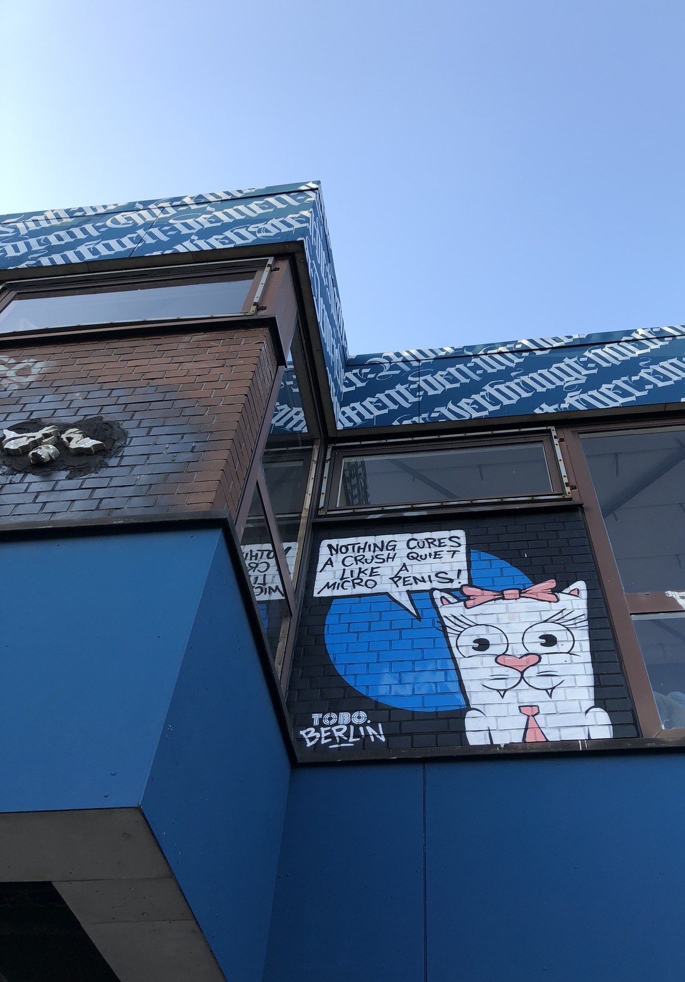 Katze mit Sprechblase "nothing cures a crush quiet like a mico penis" - Graffiti von TOBO am Kantinengebäude am Eingang der Radarstation Teufelsberg