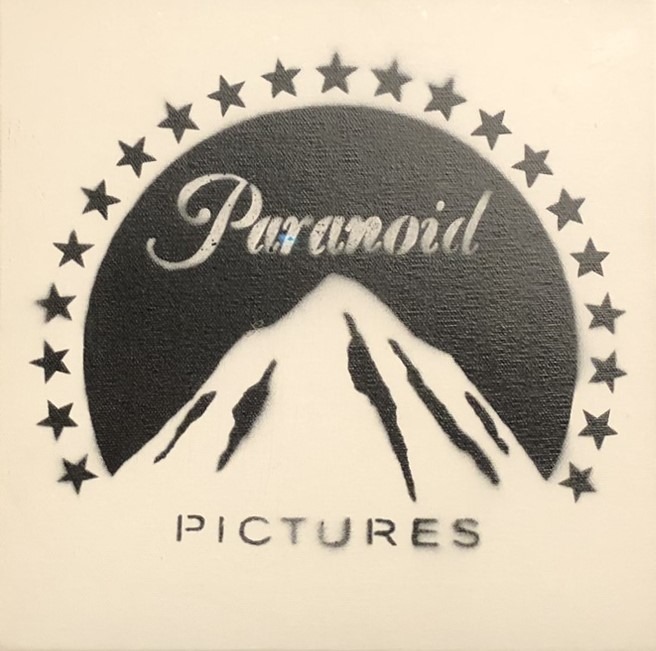 Schablone "Paranoid Pictures" - Logo einer fiktiven Produktionsfirma für den Film "Exit Through The Gift Shop", Parodie auf Paramount Pictures Logo