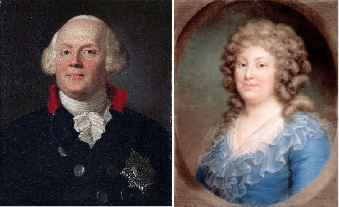 Die Eltern von Friedrich III: Friedrich Wilhelm II. (Preußen), porträtiert von Anton Graff und Friederike Luise von Hessen-Darmstadt, Gemälde von Joseph Darbes um 1800
